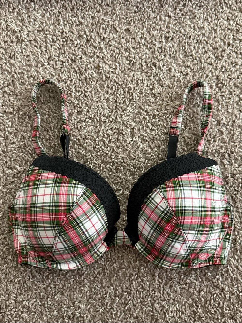 Victoria’s Secret 34D Plaid Tartan Plunge Bra Black Preppy Academia Y2K
